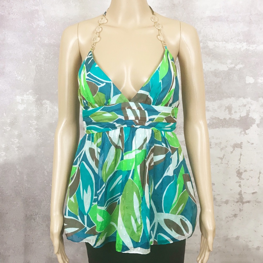 MILLY Blue & Green Leaf Pattern Silk Flowy Beaded Strap Halter Top NWT